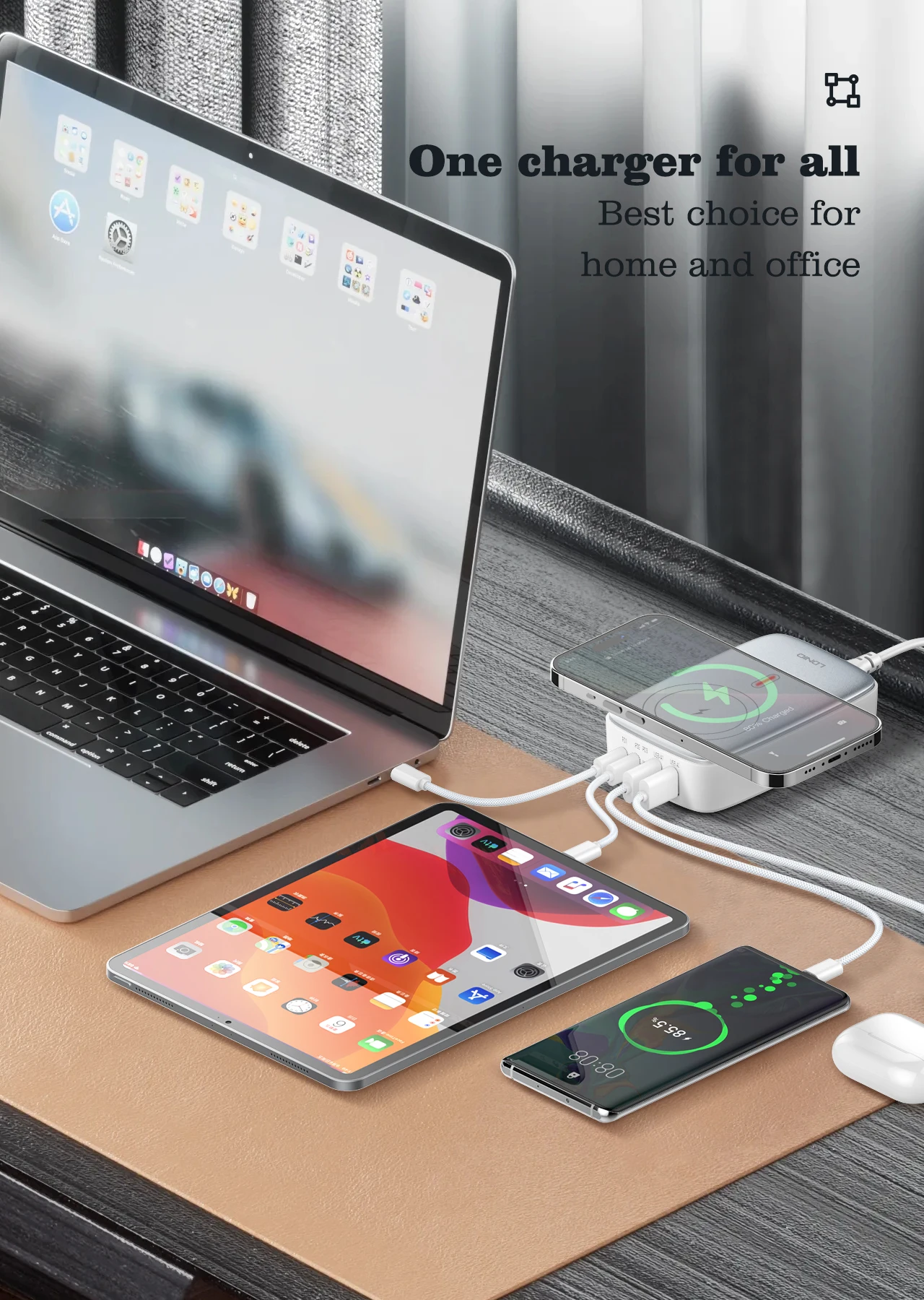 LDNIO 140W 6 in 1 Wireless Charger GaN 65W USB C Charger PD QC USB A Fast Charging Station 6 in 1 Desktop charger Extension cord