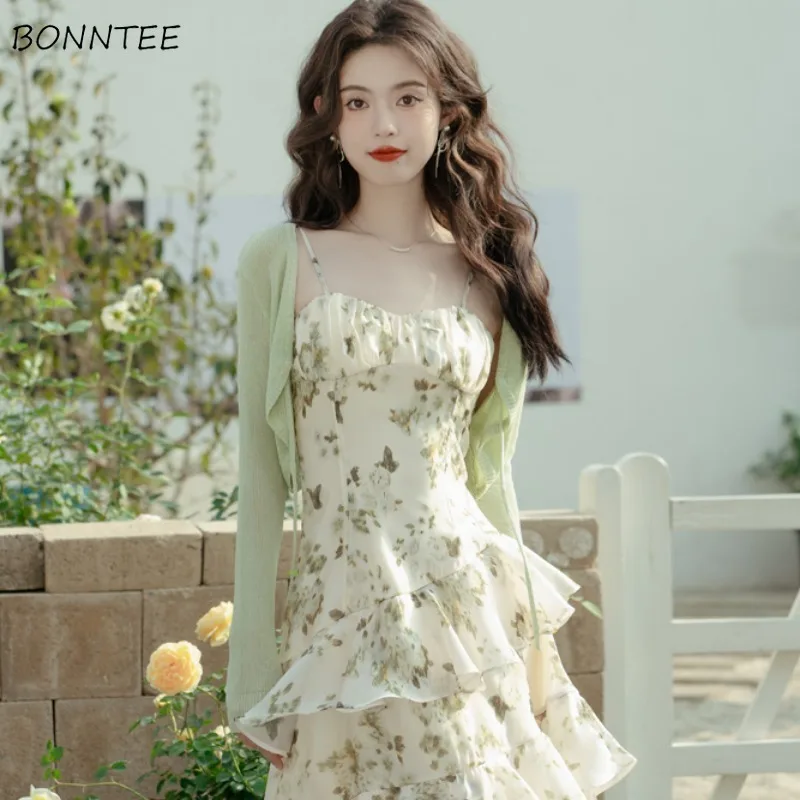 Dresses Women Floral Printed Chiffon Mid-calf French Camisole Tierred Ruffles Fairy Mori Girl Style Elegant Summer Strecthy