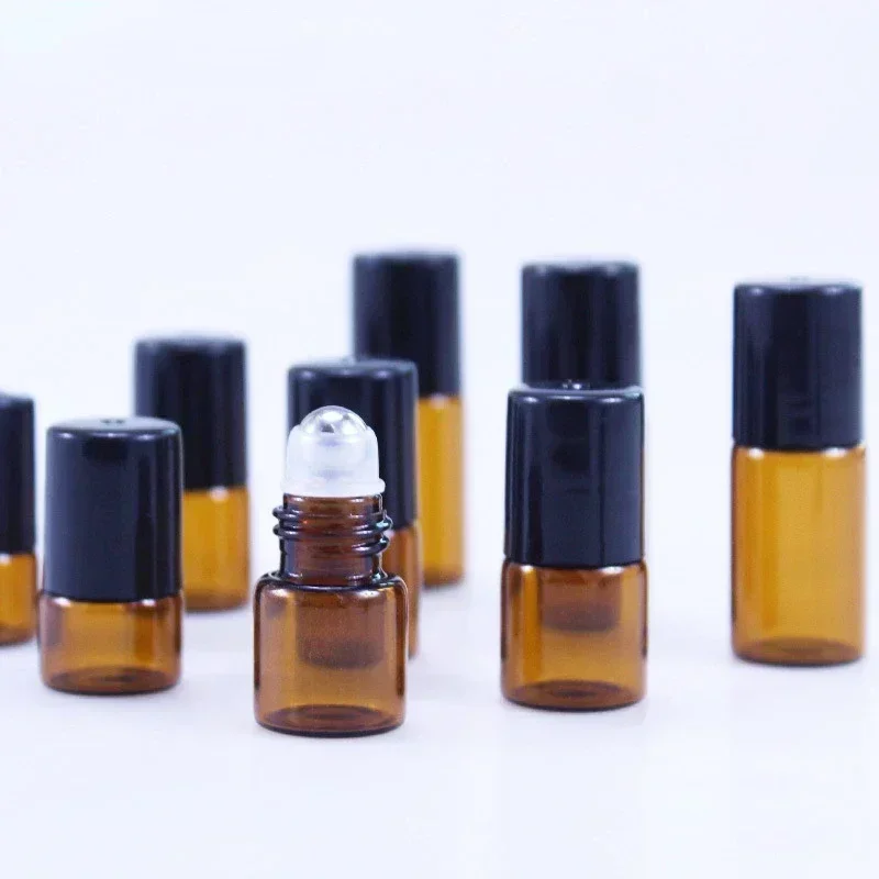 100Pcs 1-5ml Amber Glass roll on Bottles Essential Oil Roller Bottles Stainless Steel  with Cap for Travel Perfume and Lip Gloss