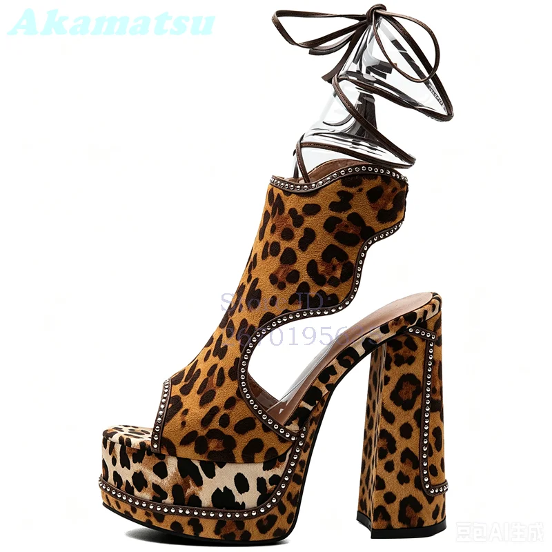 Leopard Print Platform Ankle Wrap Sandals Patchwork Round Toe Rhinestone Decor Chunky High Heel 2026 New Lace-up Women Shoes