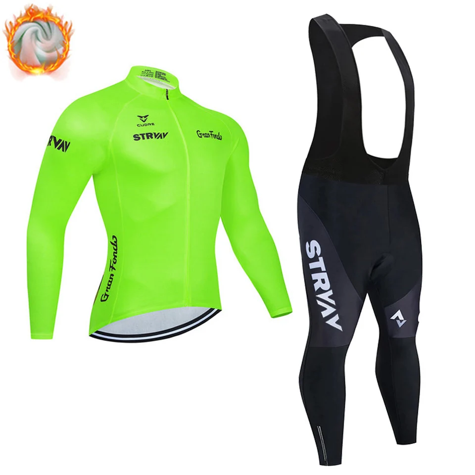 

STRVAV-Thermal Fleece Cycling Jersey Set for Men, Long Sleeve, Bib Pants, Bicycle Clothing, MTB Bike Clothes, Winter