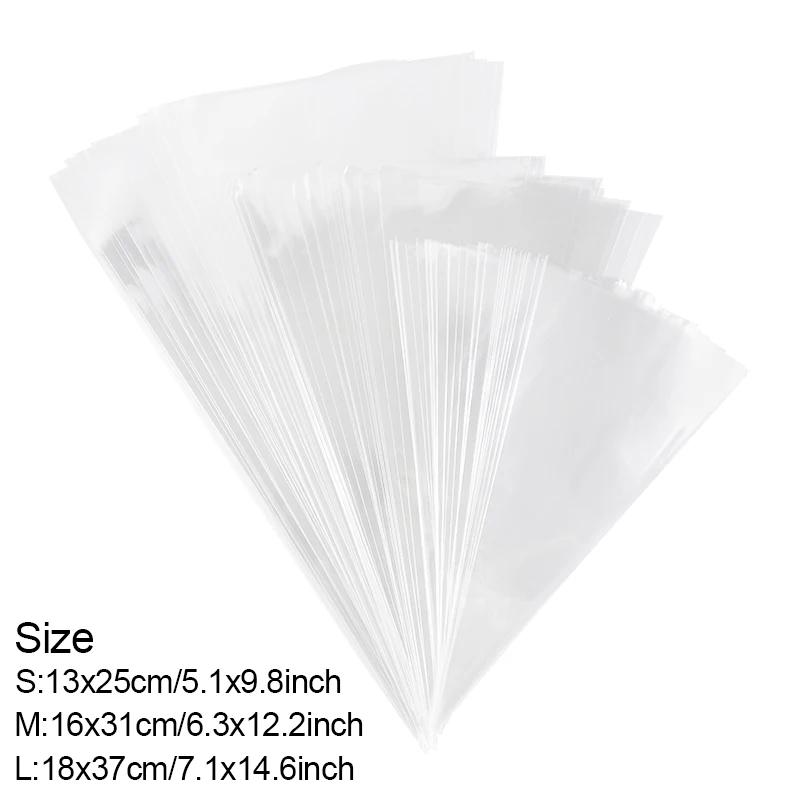 50Pcs 3 Sizes Transparent OPP Plastic Bags Wedding Birthday Party Decoration Popcorn Candy Packaging Bags Cone Storage Bag Favor