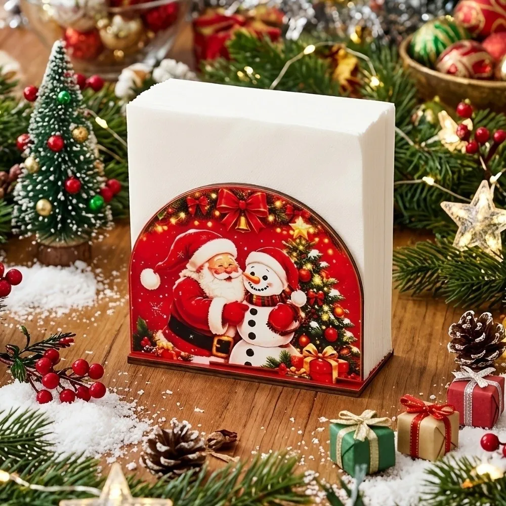 2D Flat Peeking Santa Napkin Holder Thick Sturdy Wooden Paper Towel Rack Snowman Decorative Christmas Napkin Stand Dining Room