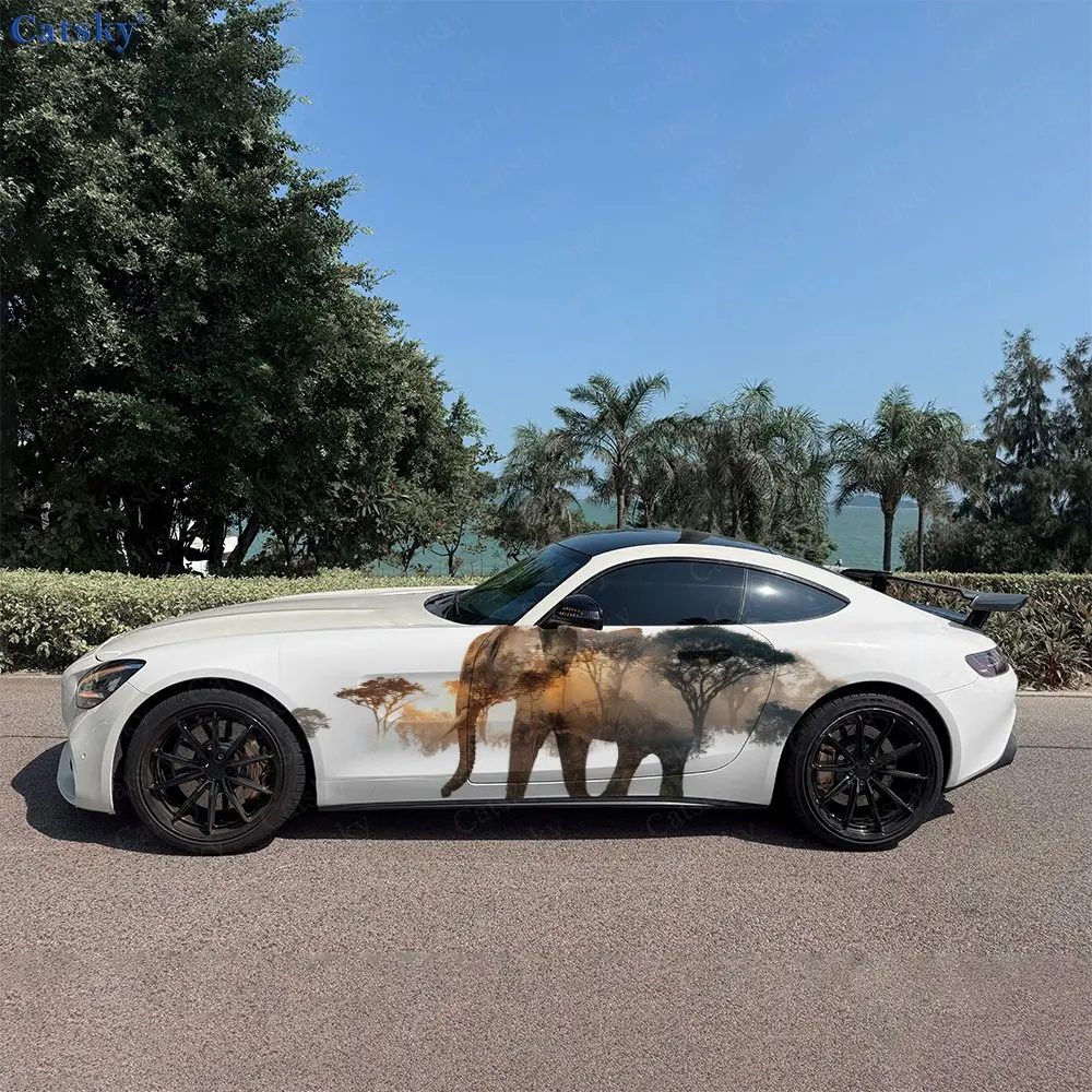 

African Elephant And Dusk Light Car Side Wraps, Self-Adhesive PVC Waterproof & Scratch-Resistant Stickers, Car Accessory Gift