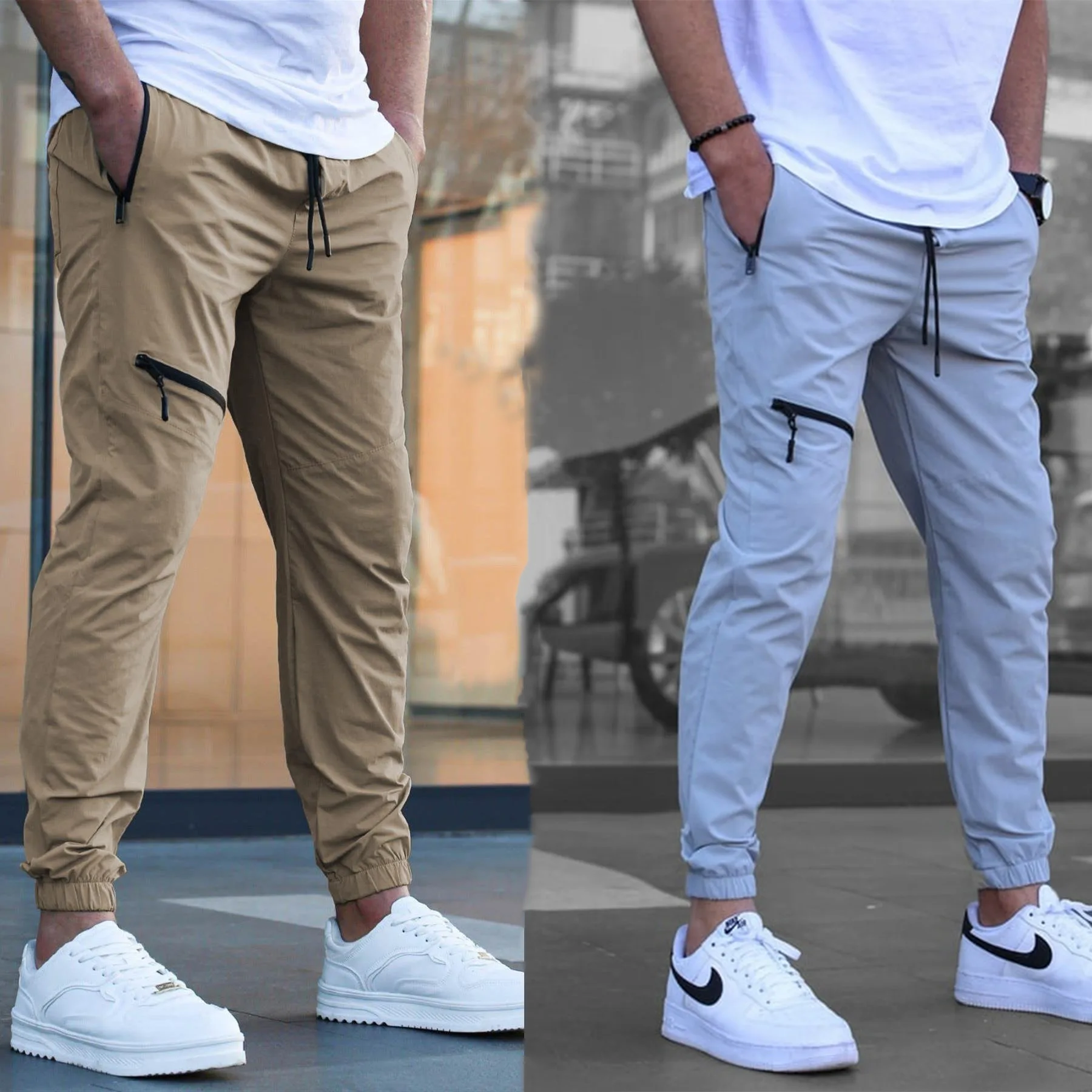 

Men's Casual Zipper High Street Streetwear Cargo Pants Casual Slim Fit Drawstring Elastic Waist Jogger Pants Sweatpants