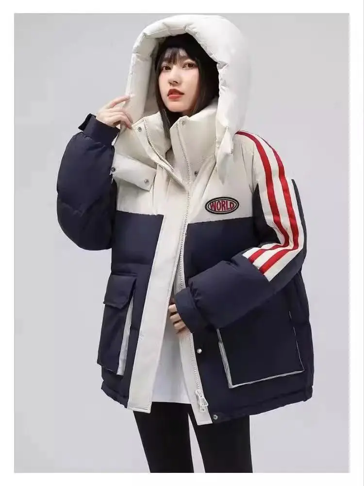 

2025 Winter New Color-blocking Down Cotton-padded Jacket for Women in Korean Style Loose and Warm Coat Women's Clothes