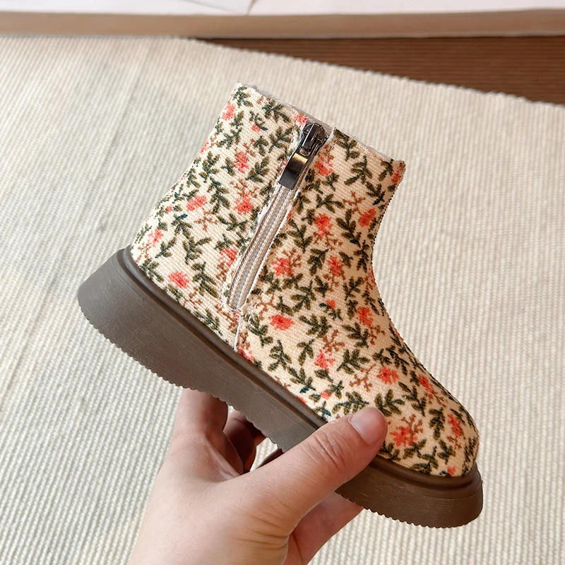 Winterstiefel für kleine Mädchen, mit Blumenmuster, aus Cord, mit weichem Innenfutter, Reißverschluss, klobiger, dicker Sohle, warme, bequeme Freizeitstiefel. – Detail 9