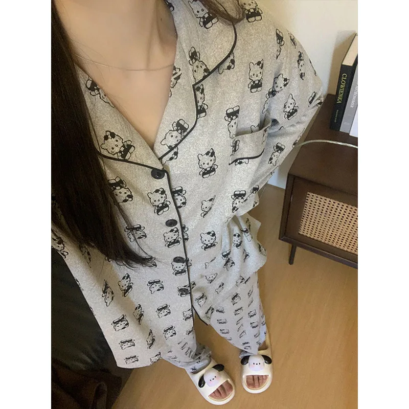 Sanrios Pajamas Hello Kittys Cute Printing Girl Spring Autumn New Anime Figure Long Sleeves Trousers Girly Style Lounge Clothes