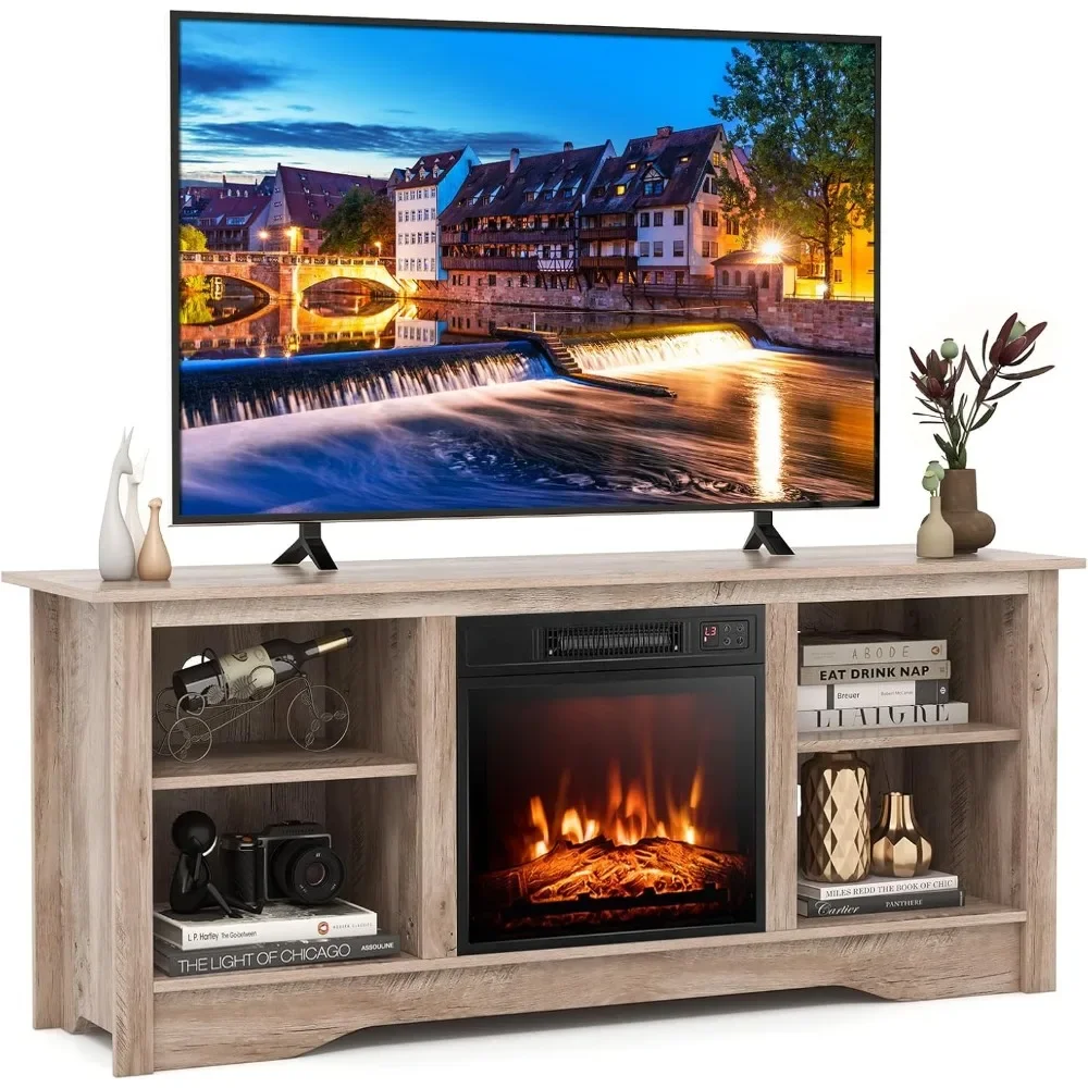 

TV Stand with 18” Electric Fireplace, for Flat Screen TVs Up to 65” with Adjustable Shelves, Fireplace TV Cabinet with Remote
