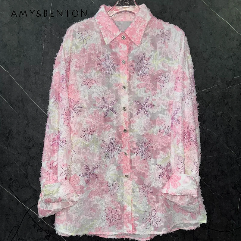 

Tassel Jacquard Heavy Industry Diamond Drills Tie-dye Long Sleeves Blouse Women's Summer New Fashion Y2k Rough Edge Thin Shirt