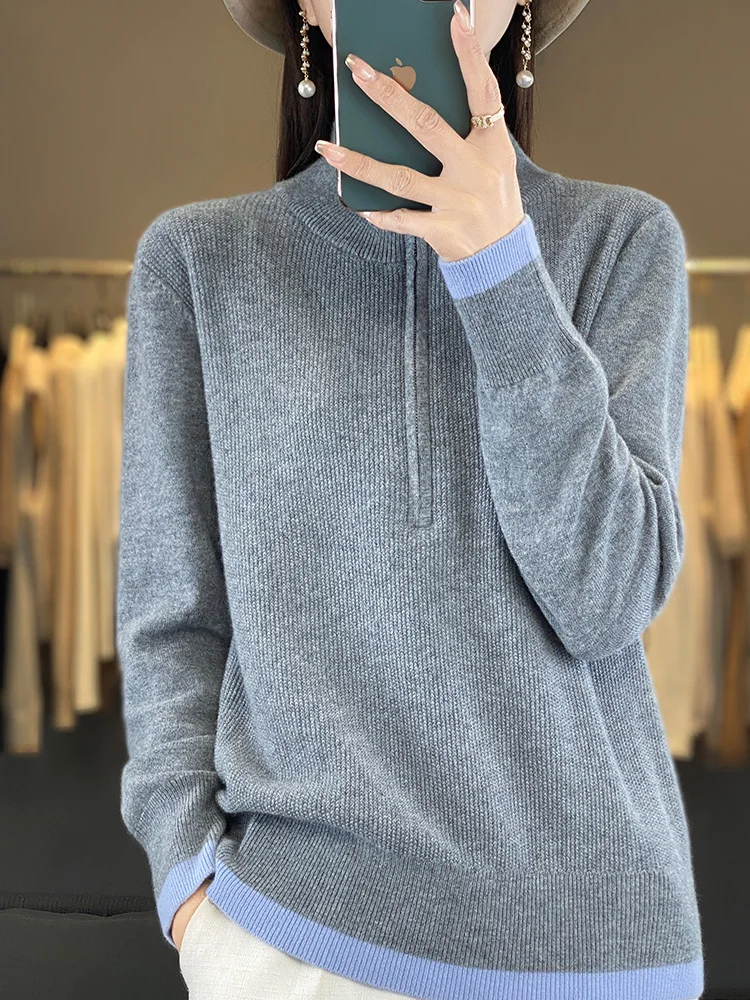 Fashion Women Zipper Mock-neck Pullover 100% Merino Wool Sweater Autumn Winter Casual Warm Color Knitwear Jumper Clothing