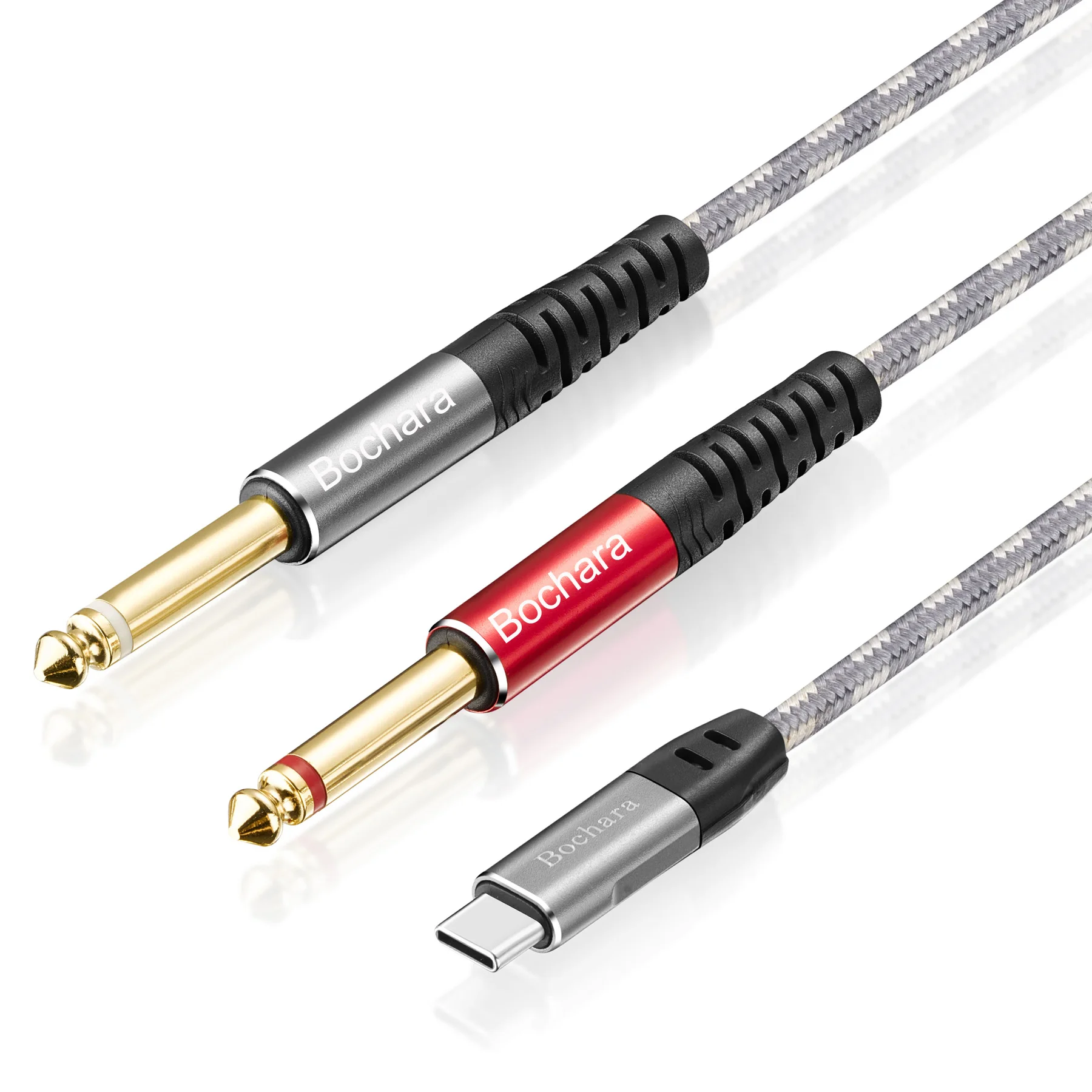 Bochara Braided Type C to Dual TS 6.35mm Jack OFC Audio Output Cable Built-in DAC IC Chipset 24bit@48KHz Foil+Braided Shielded