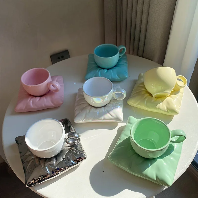 Ins Girl Heart Creative Solid Dazzle Color Milk Fat Pillow Shape Ceramic Coffee Cup Dish Set Makaron Afternoon Tea Cup Dish