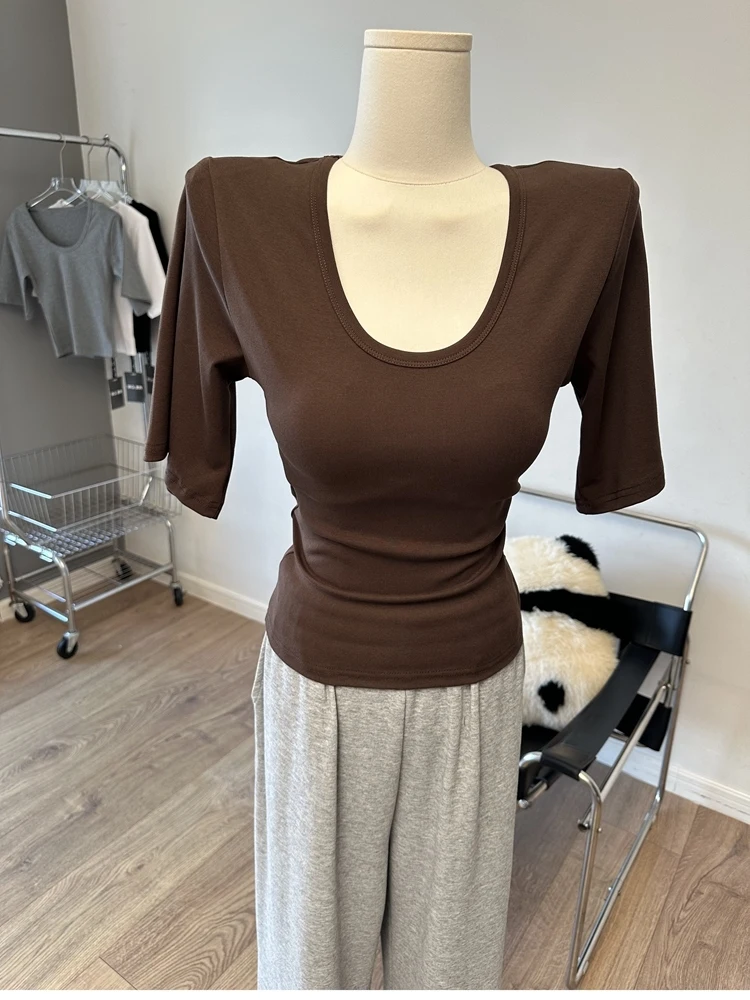 Special U-neck Clean Face Midi Sleeve T-shirt Slim Flared Sleeve Five Sleeve Base Shirt Top for Women Simple Style Autumn Fas...