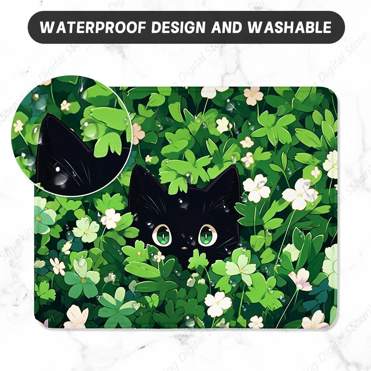 Green Leave Cat Gaming Mouse Pad With Anti Slip Rubber Base And Stitched Edges Suitable For Laptop Office Use 25*30cm