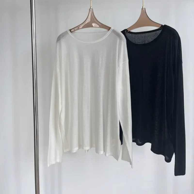 

Skin-friendly Micro-permeable Knitted Bottoming Shirt Round Neck Long-sleeved T-shirt for Women