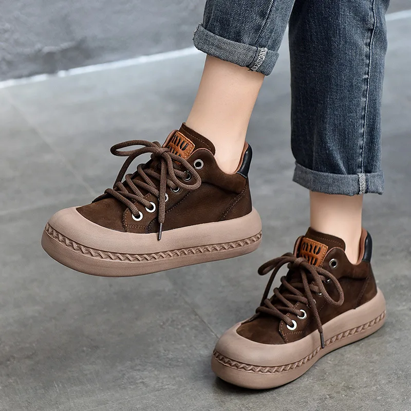 GKTINOO Thick Heel Boots High Top Sneakers Women Genuine Leather Flat Platform Round Toe Shoes Lace Up Soft Soles Short Boots