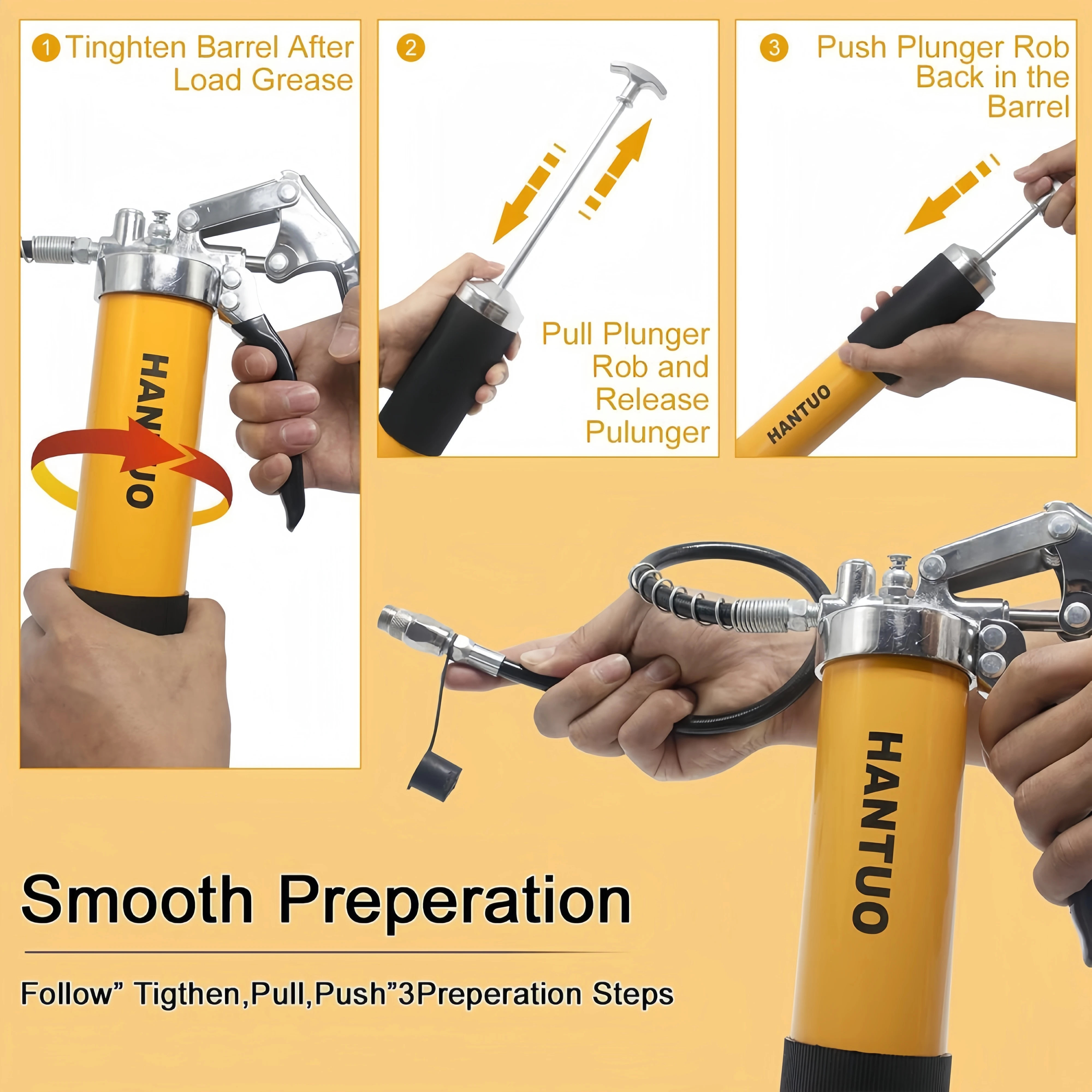 Grease Gun 7000 PSI Pistol Grip 14oz Load 18Inch Spring Flex Hose 2Grease Couplers 2Extension Rigid Pipes and 1Sharp Type Nozzle