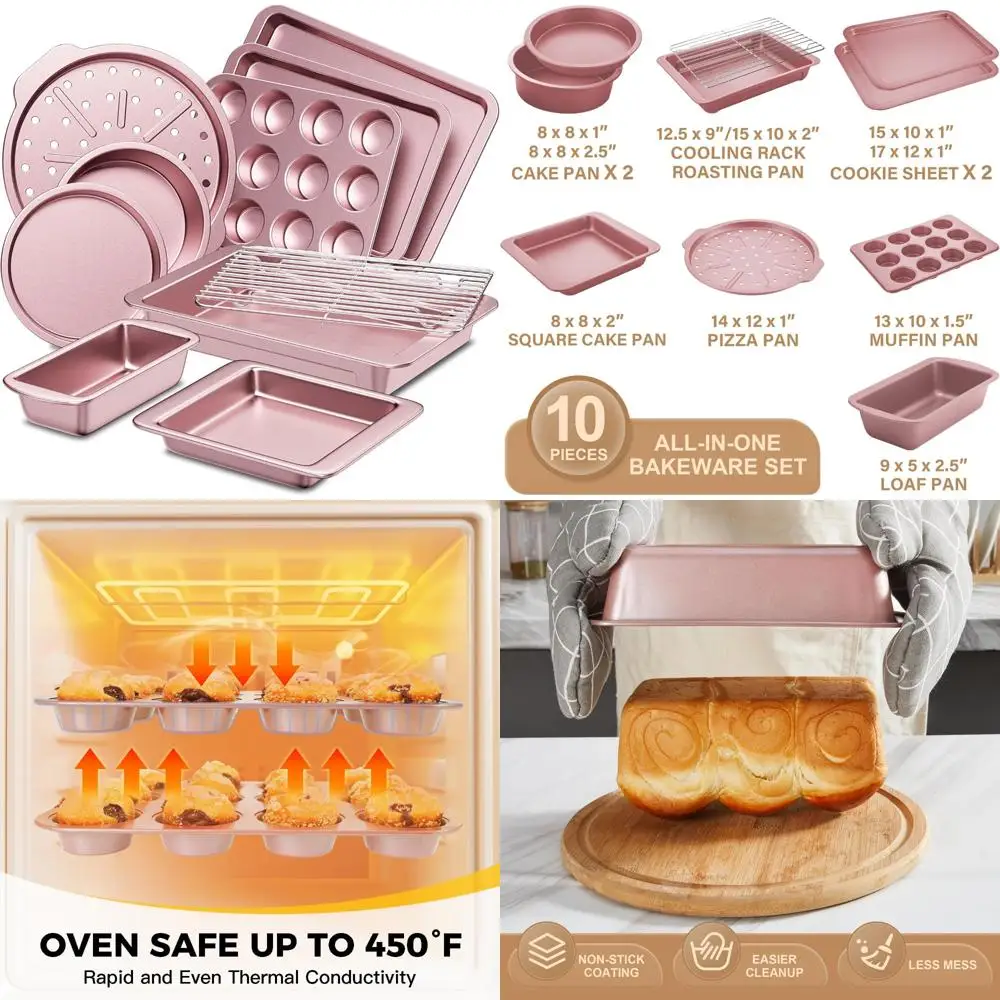 

Kitchen Baking Tools: 10-Piece Nonstick Ovenware Set with Enhanced Grips, Featuring Rack, Baking Sheets, and Cake Pans