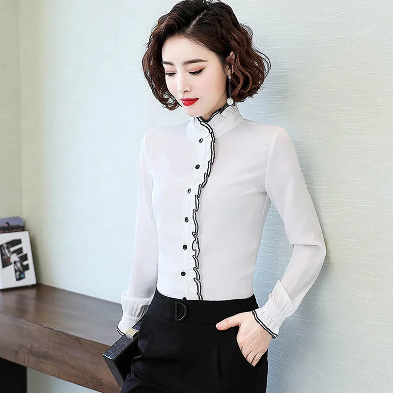 Ruffled Neck Loose Long Sleeve Women\'s Clothing Shirt Oversized Casual Commute Solid ColorTops 2022 Spring New Woman Blouses