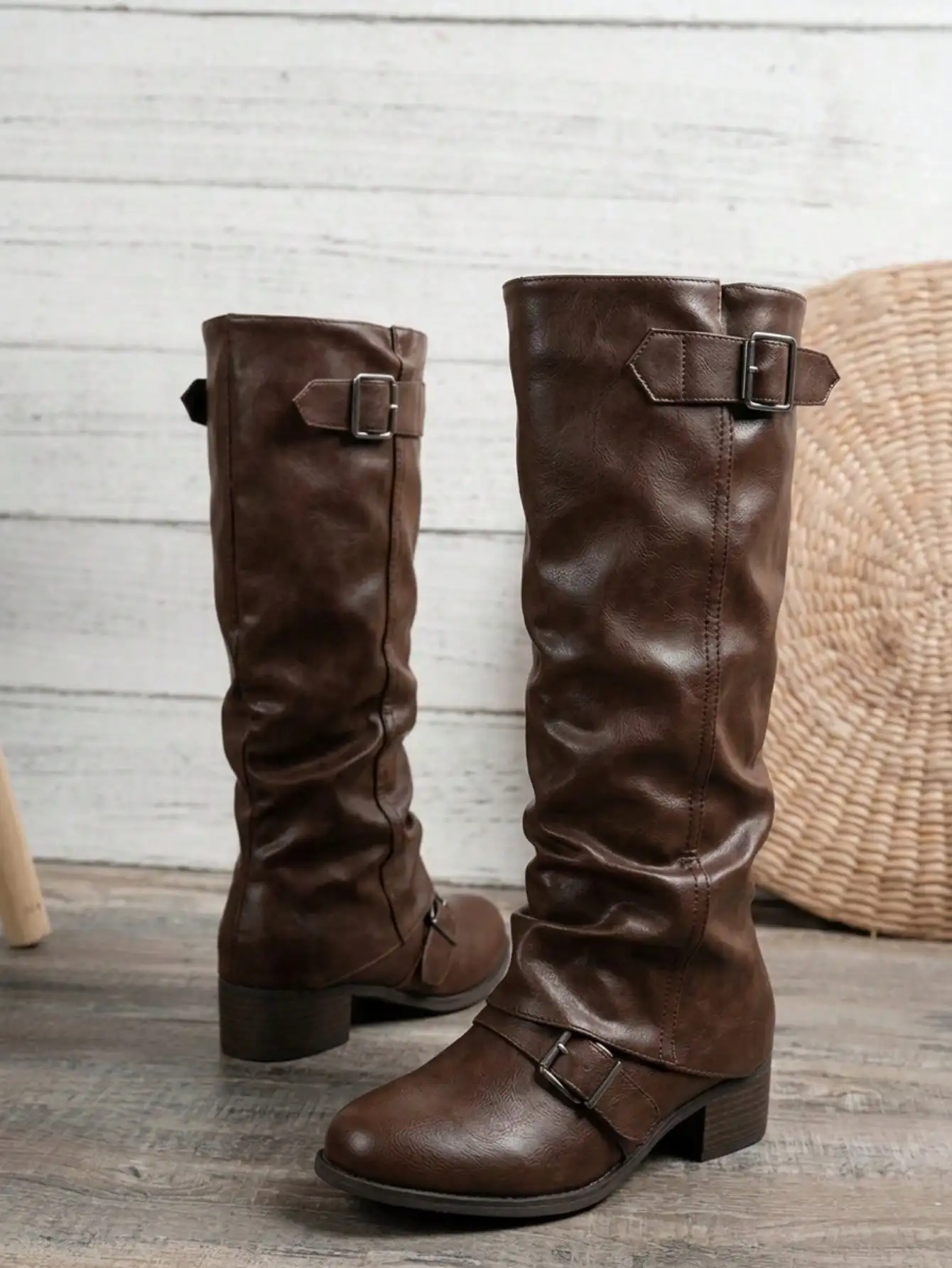 Fold-Over Knee High Boots Comfort Low Heel Wide Calf Slouchy Motorcycle Boot Buckle Long Tall Boots Fashion Women Shoes