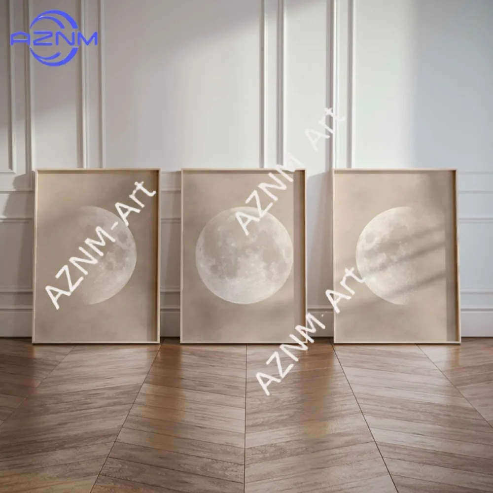 3-teilige rahmenlose Schlafzimmer-Wandkunst am Bett, Mondkunst, Beige, Schlafzimmer-Wanddekoration, neutrale Wandkunst, Weiß, Schlafzimmerdekoration