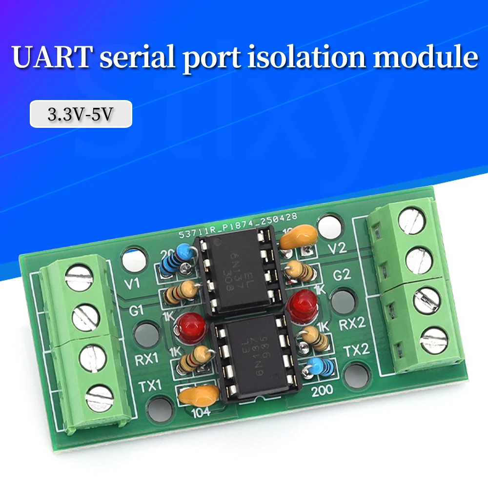 6N137 Dual Optocoupler Two-Way UART Serial Port Isolation Module 600-250K Baud RS232/TTL Communication Isolator
