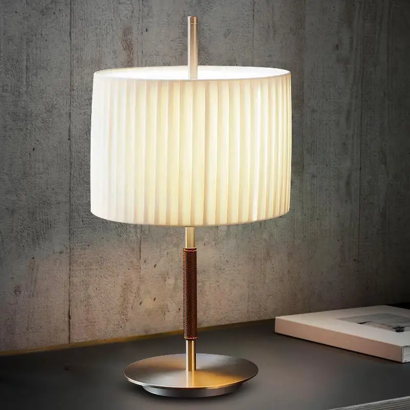 Nordic simple bedside bedroom leather table lamp post-modern light luxury living room warm pleated model hall decorative lamps