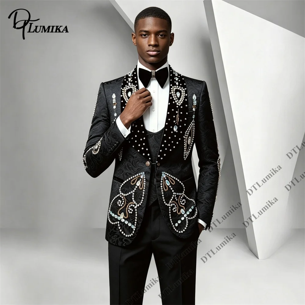 Banquet Men Suit 3 Piece Floral Jacquard Beaded Collar Textured Tuxedo Blazer Pants Slim Fit Formal Wedding Prom Dinner Party