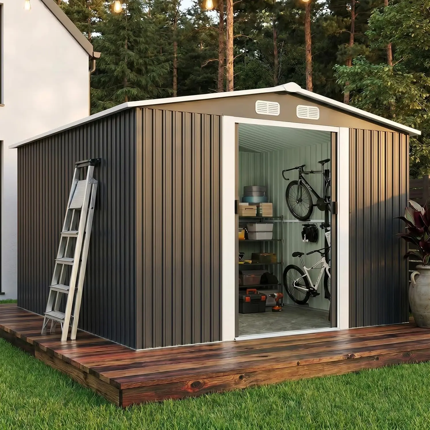 10x8 Metal Storage Shed Outdoor Steel Garden Tool with Sliding Door Large Utility for Backyard Patio Yard Grey, Customized
