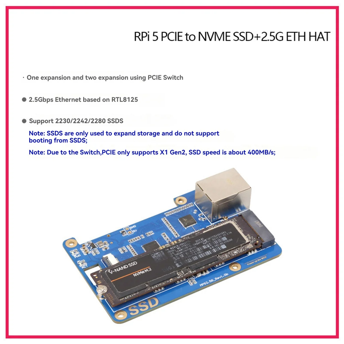 MPS2.5G für Raspberry Pi 5 PCIE zu NVME SSD + 2,5G ETH HAT RTL8125 Unterstützt RPi OS, Ubuntu, 2280, 22242, 2230 SSD – L47A