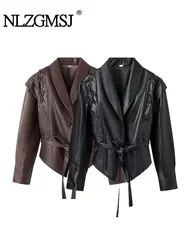 TRAF 2024 Spring Elegant Asymmetric Women PU Jacket Long Sleeve Faux Leather Cardigan Female Short Coat Crop Top Y2K