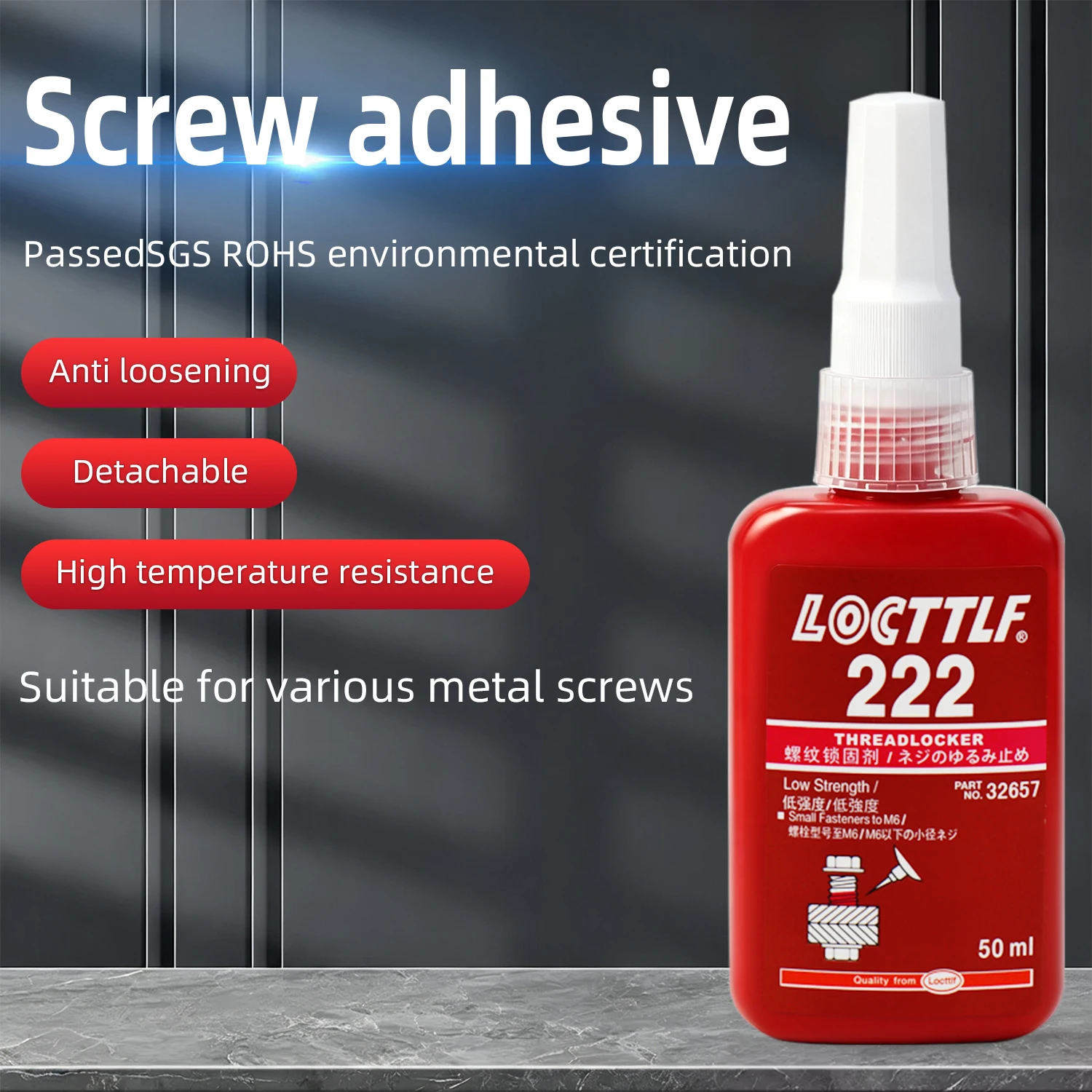 222 Detachable Thread Locking Agent Metal Glue Suitable for Nuts Bolts Fasteners Medium-Strength Screw Loosening and Corrosion