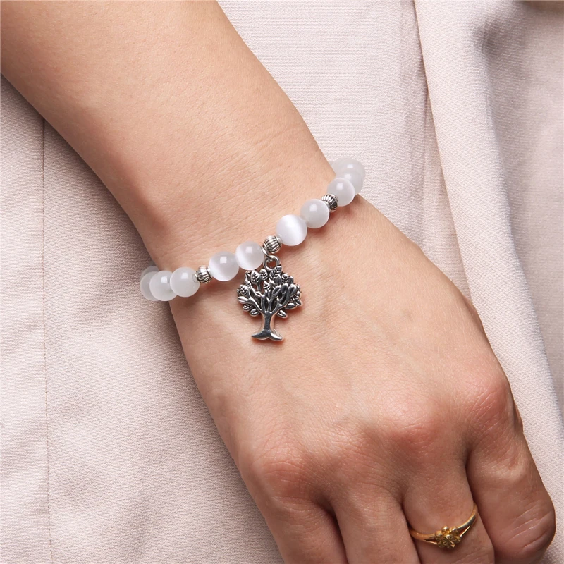 Tree of Life Charm Bracelet Cat Eye Moonlight Stone Beads Elastic Bracelets For Women Men Moonstone Bangle Wrist Jewelry Pulsera