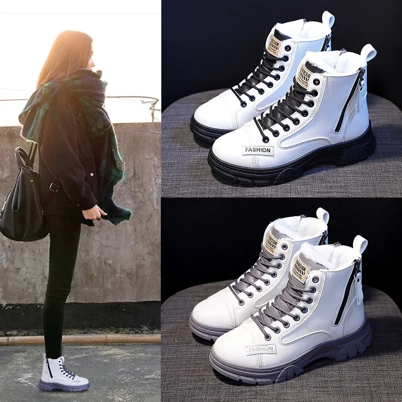 

Women Leather Casual Ankle Boots High Top Soft Plush Boots Comfor Winter Flat Cotton Boots Side Zipper Short Boot Botas Mujer