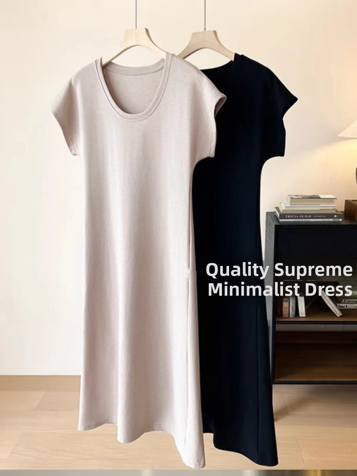 

Laid-back Chic U-neck Miniature Sleeve Dress Mid-length Loose Slimming T-shirt Dress Women Summer Casual Pure Color Natural W...
