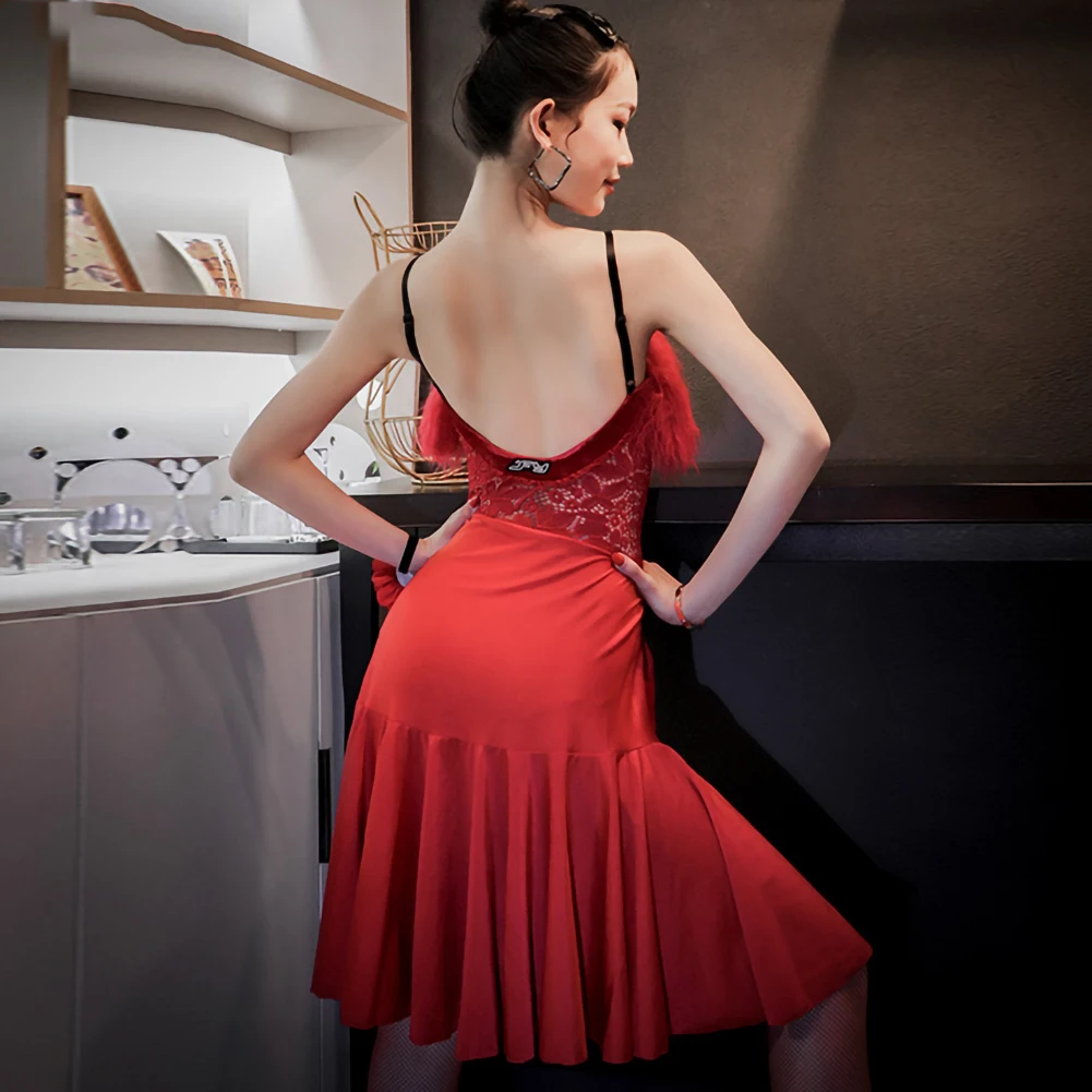 Sleeveless Tango Dress Fluffy Samba Red Women's Sexy Sling Strap Latin Dance Clothing Practice Clothes Performance Use