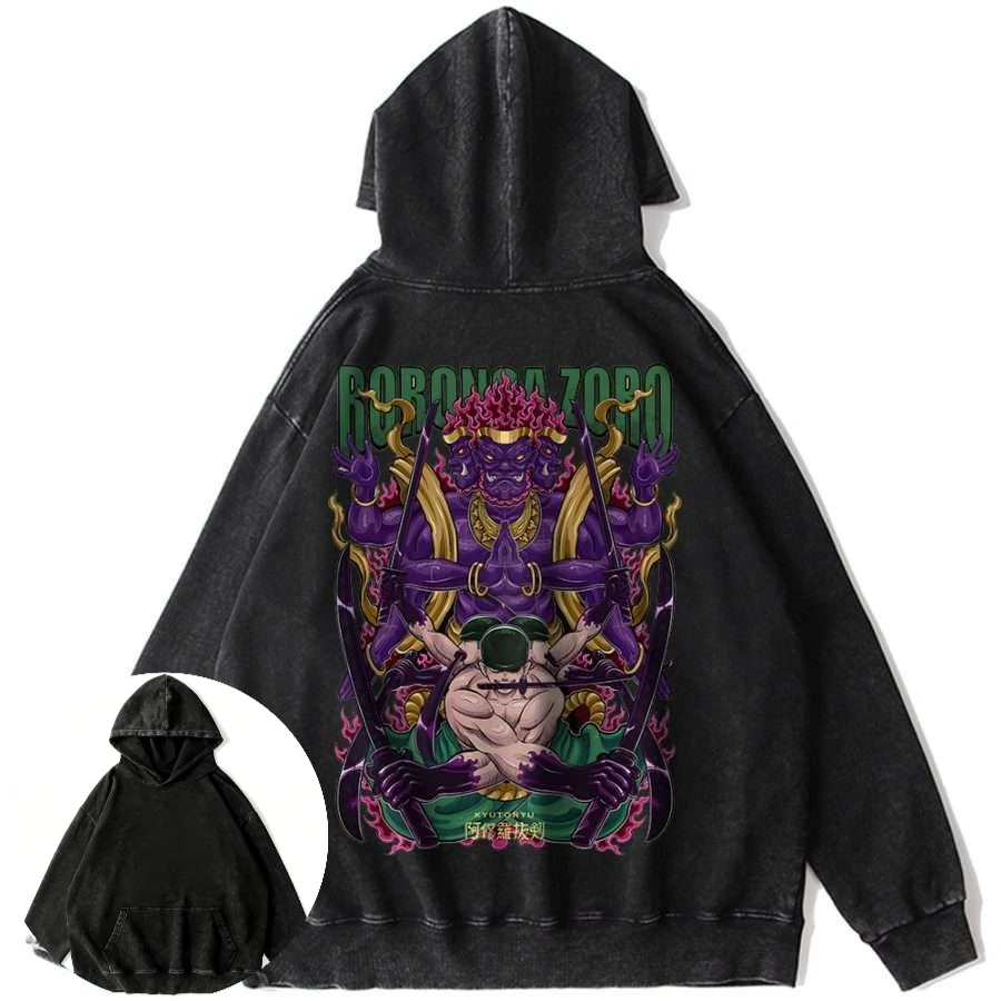 

Men's Vintage One Piece Anime Cotton Hoodie Featuring Roronoa Zoro Character Dynamic Pose with Purple Aura Back Print