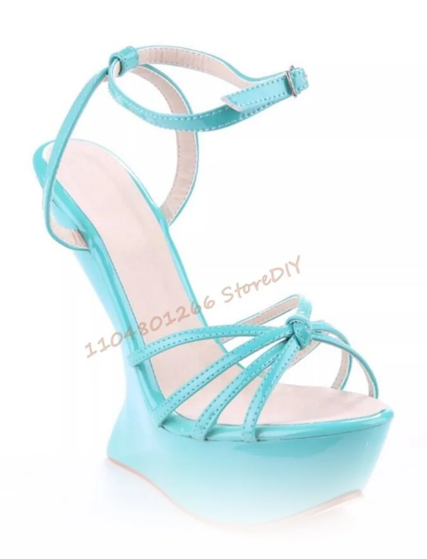 

Abnormal Wedge High Heel Strange Style Women Novelty Shoes Metallic Patent Leather Ankle Wrap Knot T-Tied Summer Sandals Size 46