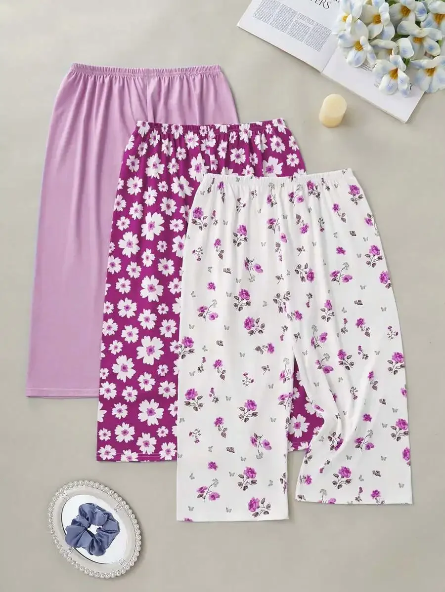 

3-Pack Women’s Loose-Fit Elastic Waist Pajama Pants, 7/8 Length, Solid Lilac, White Daisy & Rose Floral Prints