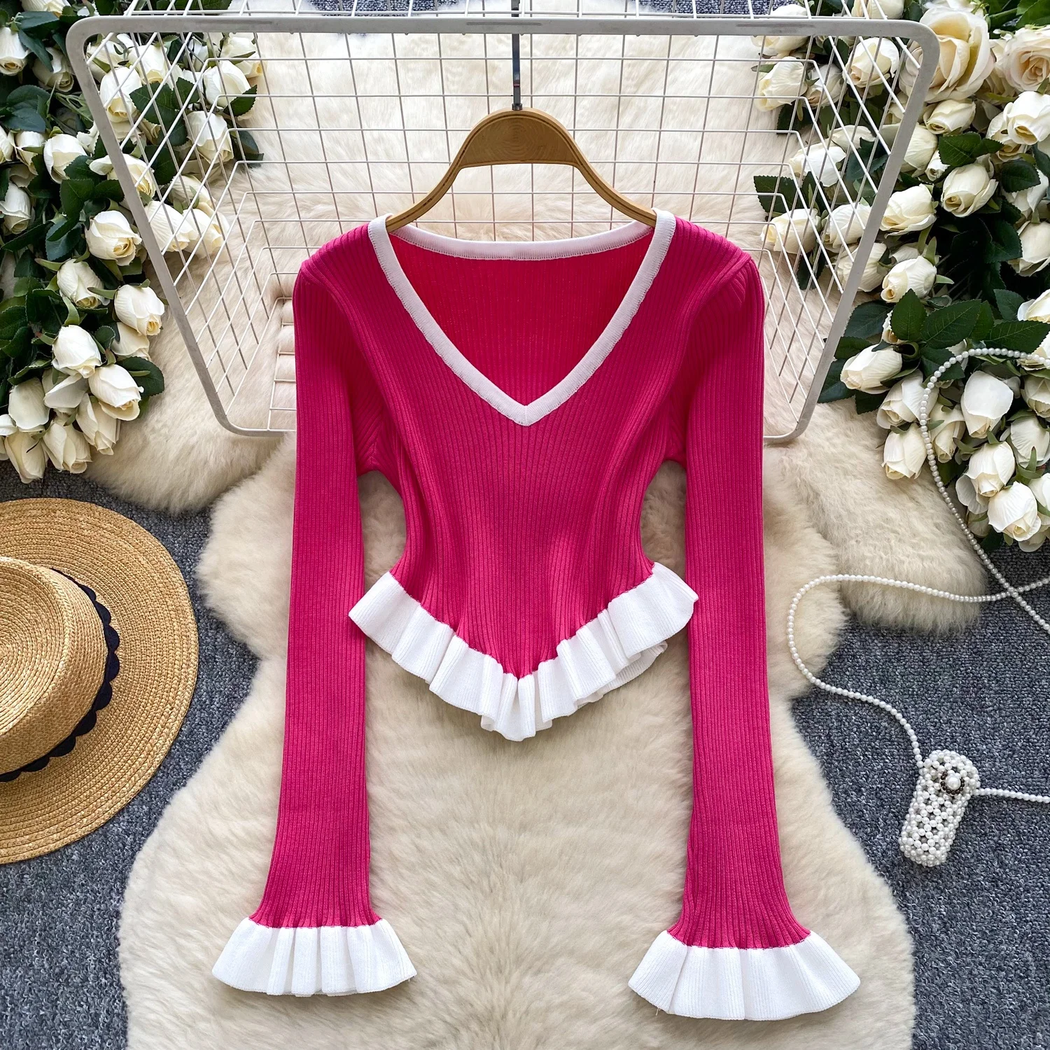 Clothland المرأة الحلو تكدرت المحاصيل الأعلى تقسم طويلة الأكمام غير المتكافئة بلوزة قميص الإناث شيك القمم Blusa LB374 #6