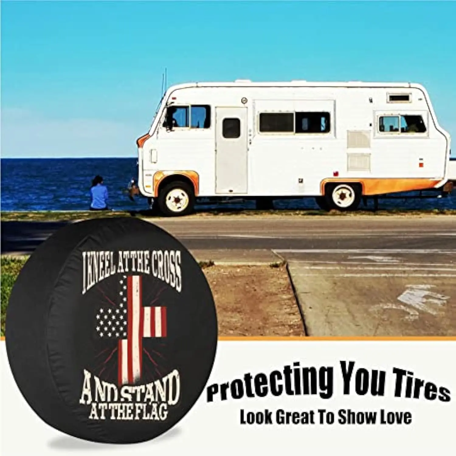 Christian Cross American Flag Spare Tire Cover Religious Patriotism RV Trailer SUV Weatherproof Cover