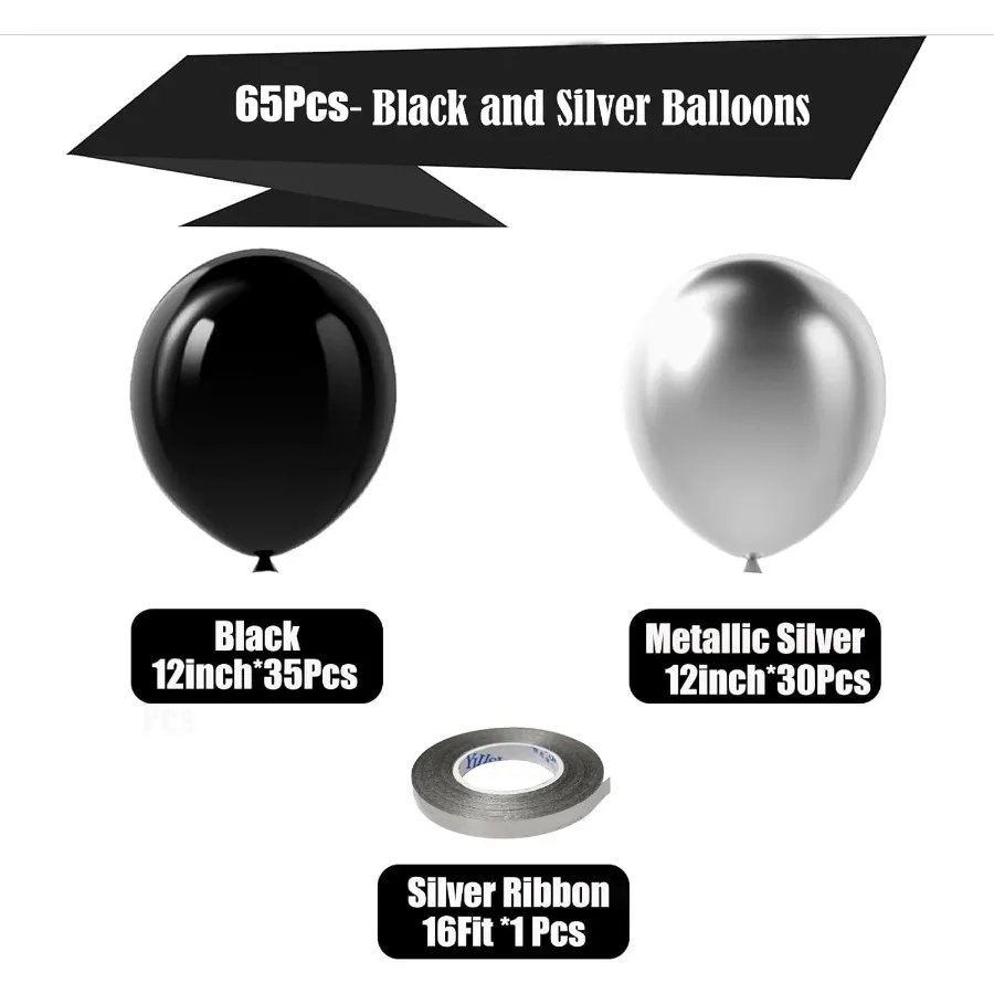 黒と銀の風船65個 12インチ メタリッククロムシルバーとブラックラテックス風船 誕生日 卒業記念日パーティー用