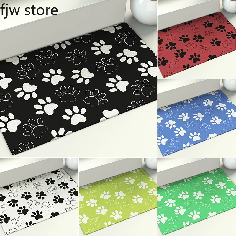 Dog paw footprint black and white color printed floor mat bathroom non-slip absorbent   porch door  home decoration