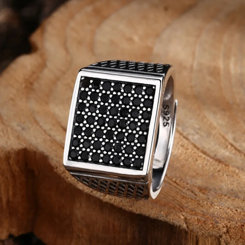 S925 Sterling Silver Charms Rings for Men Women Rhombus Pattern Inlaid Micro Black Zircon New Fashion Punk Jewelry Wholesale