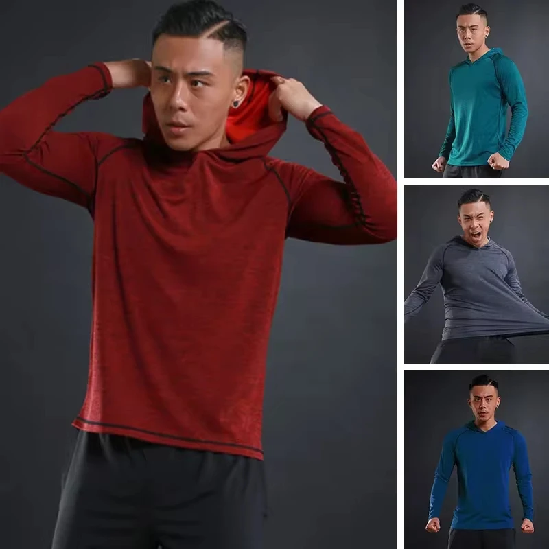 Roupa de Academia em Cor Sólida, Camiseta de Manga Longa com Capuz, Hoodie de Algodão Respirável para Homens, Moda Fitness e Musculação