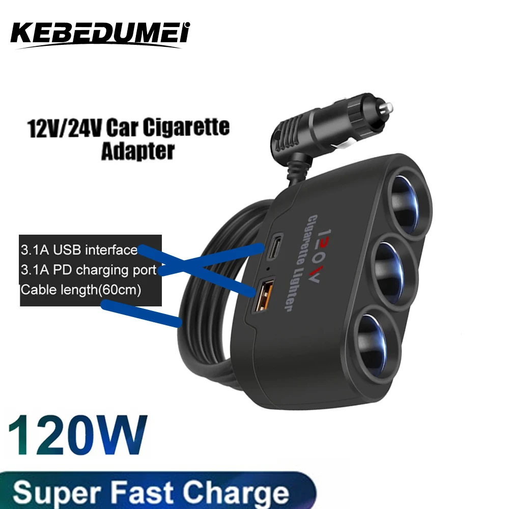 

120W 3 in 1 Dual USB Socket Car Cigarette Lighter Adapte 12V 24V Splitter LED Fast Charger Plug Adapter for Car DVR GPS Dashcam