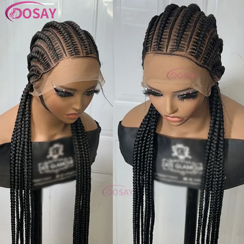 Wig kepang renda penuh 36 "kotak cornrow wig kepang rambut sintetis wig kepang tanpa simpul untuk wig kepang wanita hitam Afrika