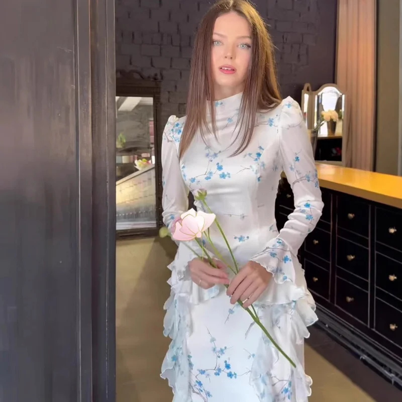 

2025Spring Slim Elegant Retro Soft Long Sleeve Long Dress Comfortable Women's Dress