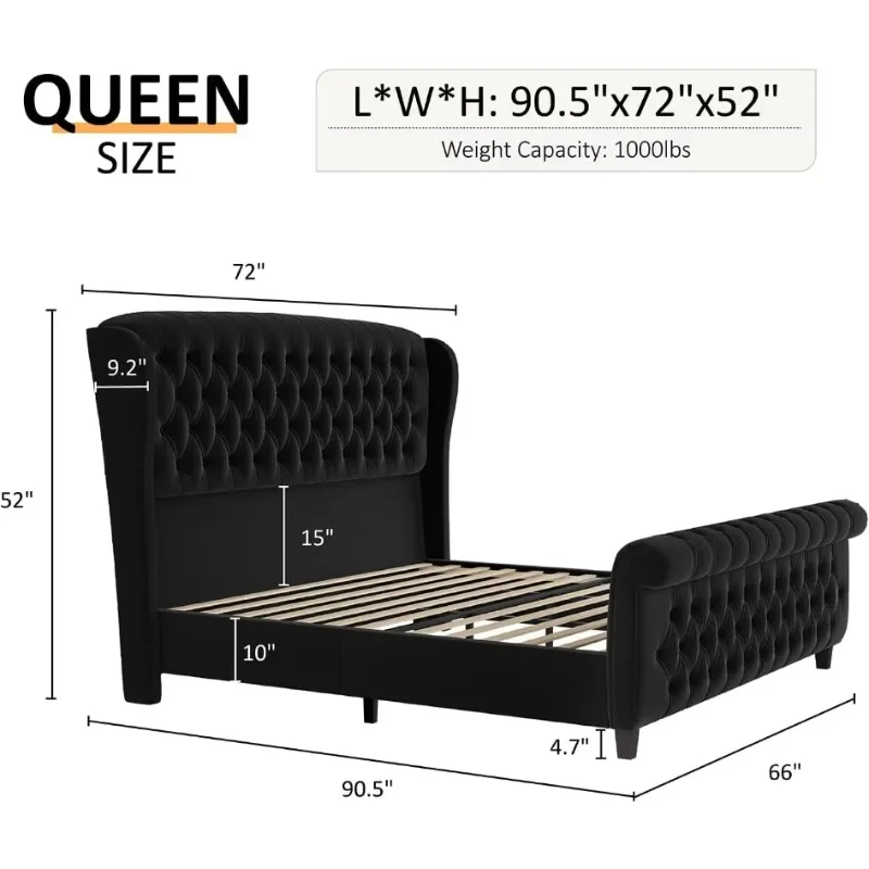 Queen Size Platform Bed Frame, with Curved Headboard & Footboard, Wood Slats Support, No Box Spring Needed, Black